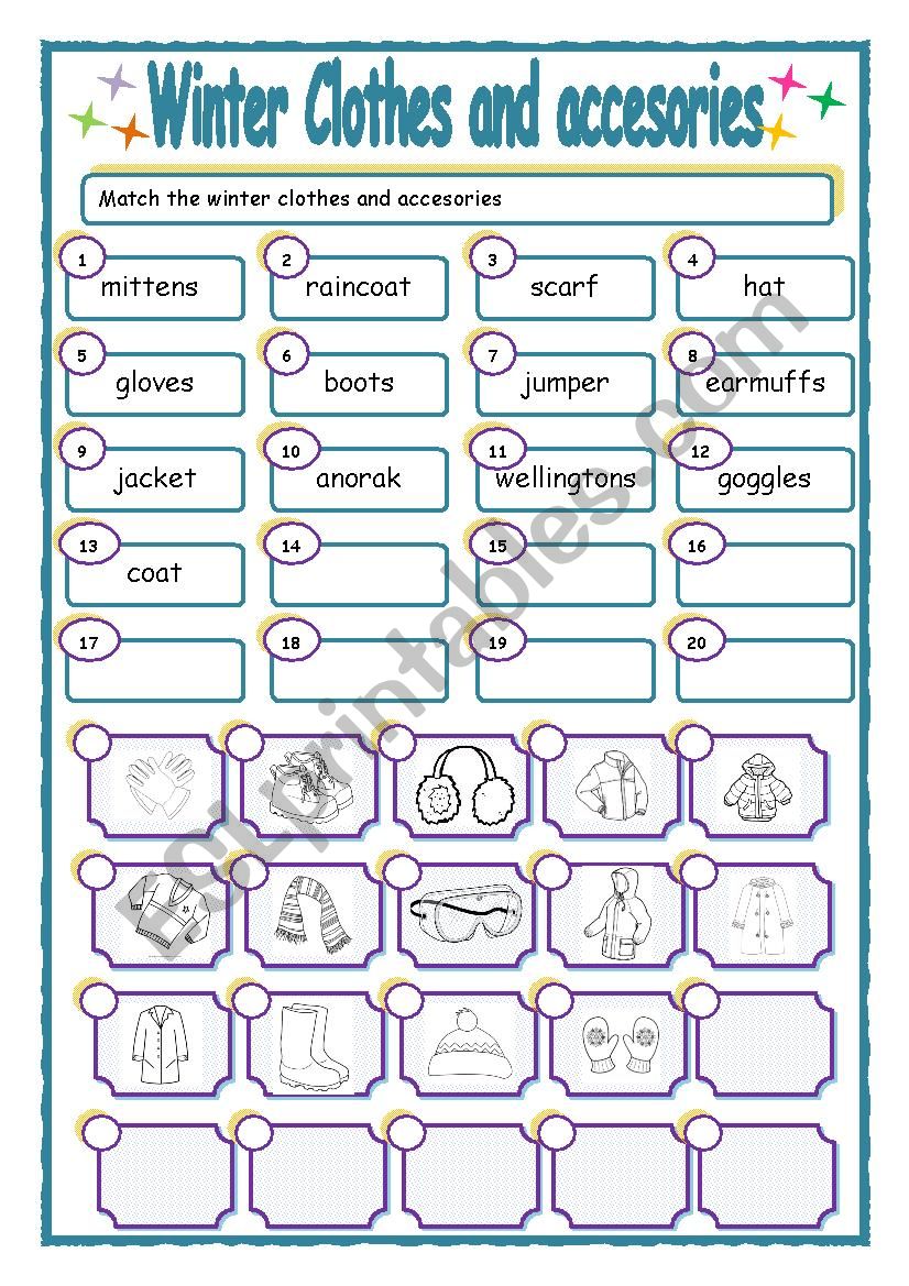 Winter clothes matching worksheet