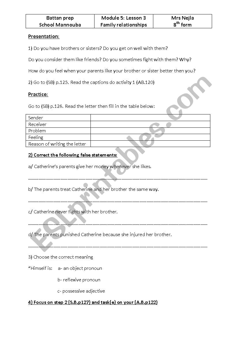 Family relationships worksheet