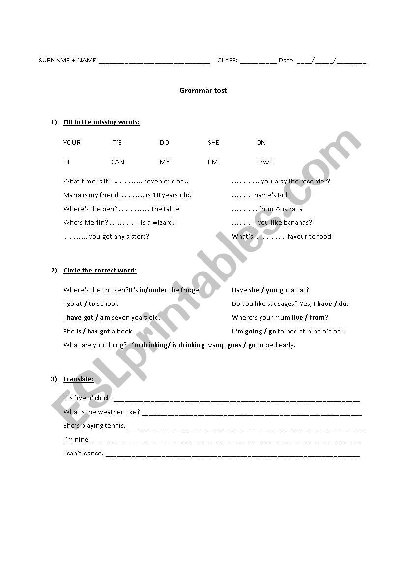 Grammar test or exercise worksheet