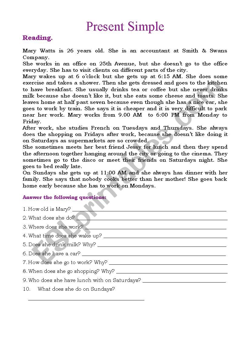 Reading Present simple worksheet