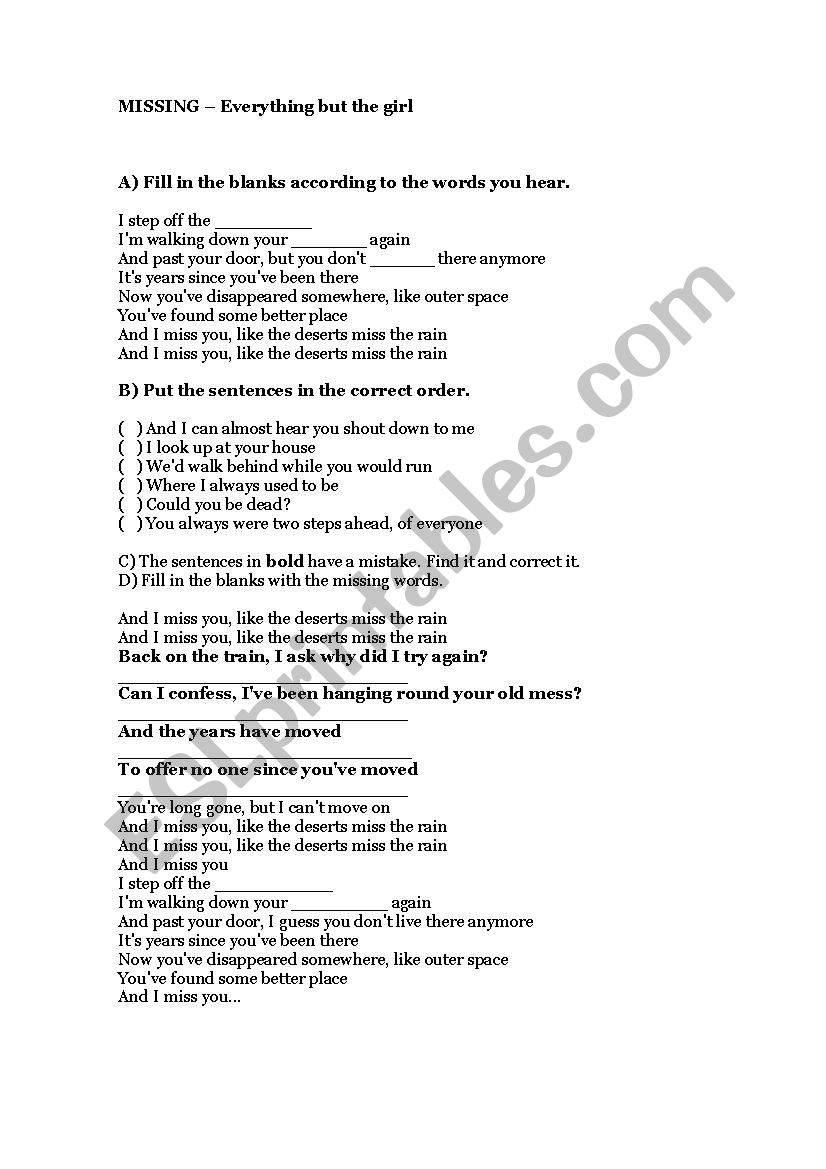 Song worksheet: Missing, by Everything but the girl