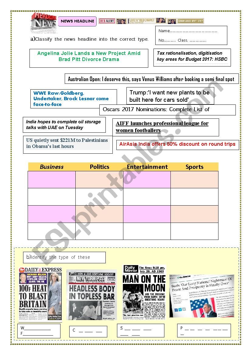 News Headline worksheet