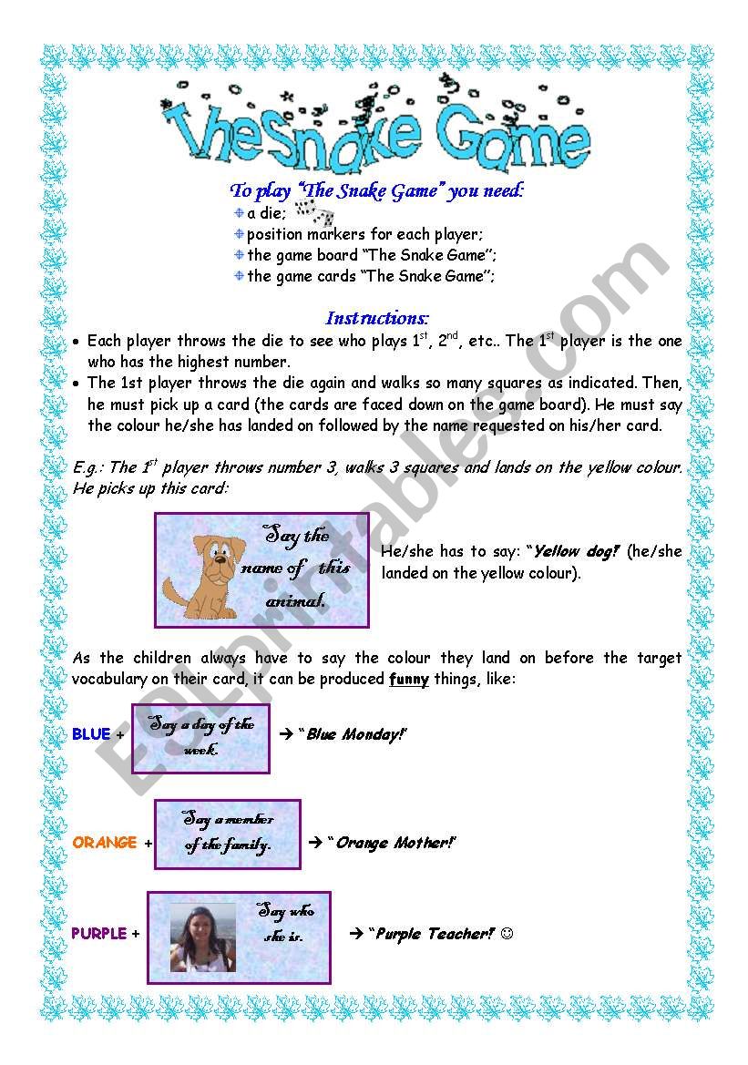 The Snake Game - Instructions worksheet