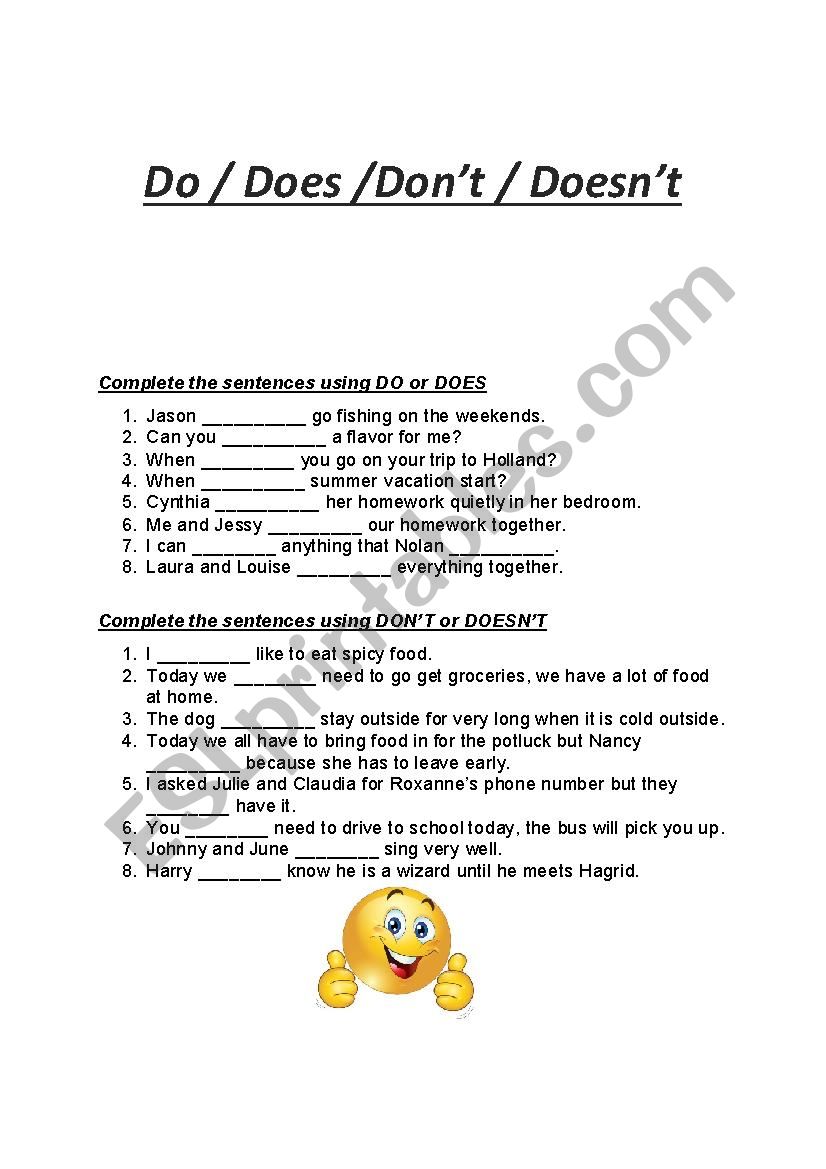 Do/Does/DonÂ´t/DoesnÂ´t worksheet