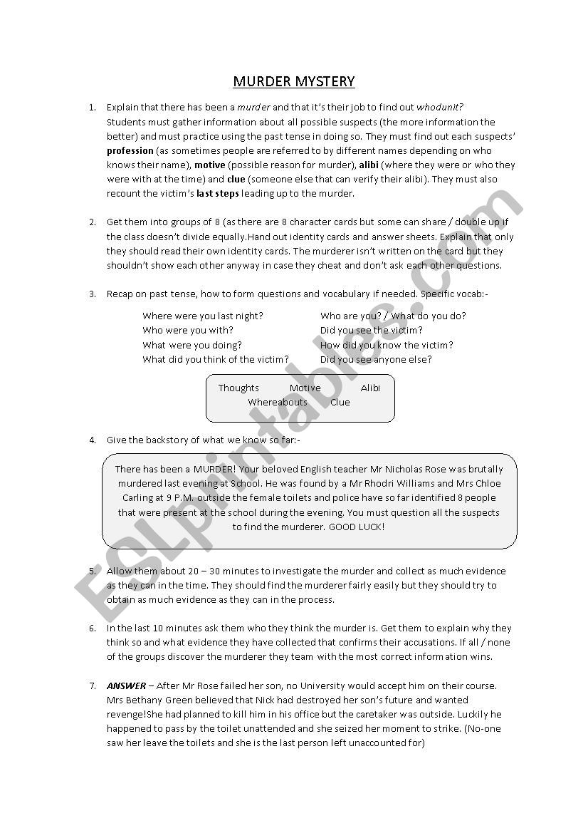 Murder Mystery worksheet