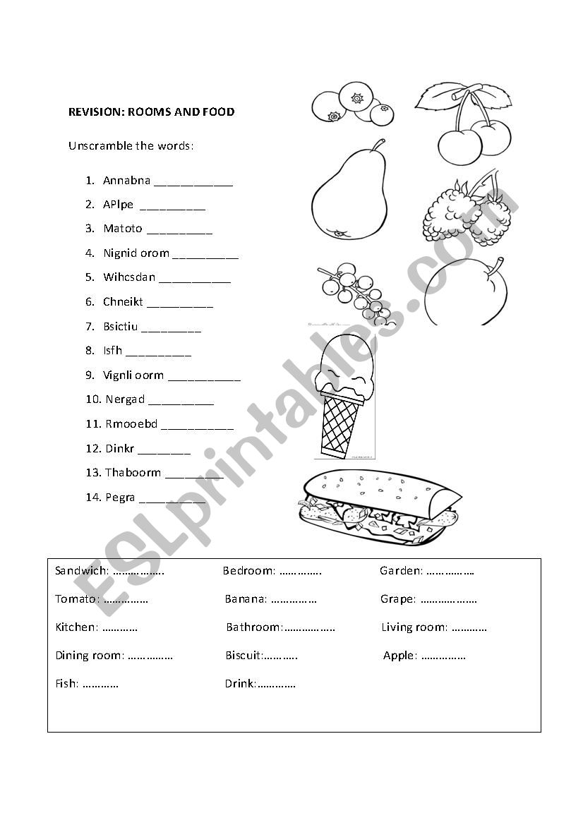 Unscramble the words (Topic: Food and Rooms) 