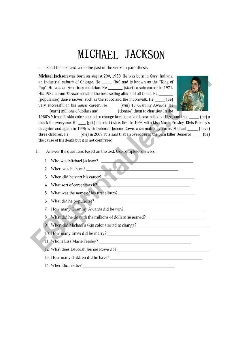 michael jackson biography worksheet