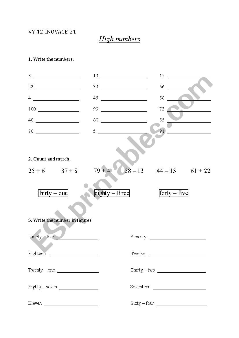 Numbers worksheet