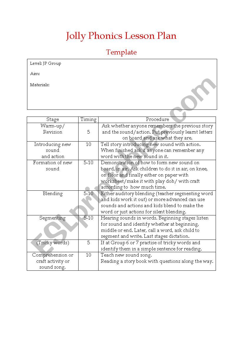 Jolly Phonics adaptable  Lesson Plan 