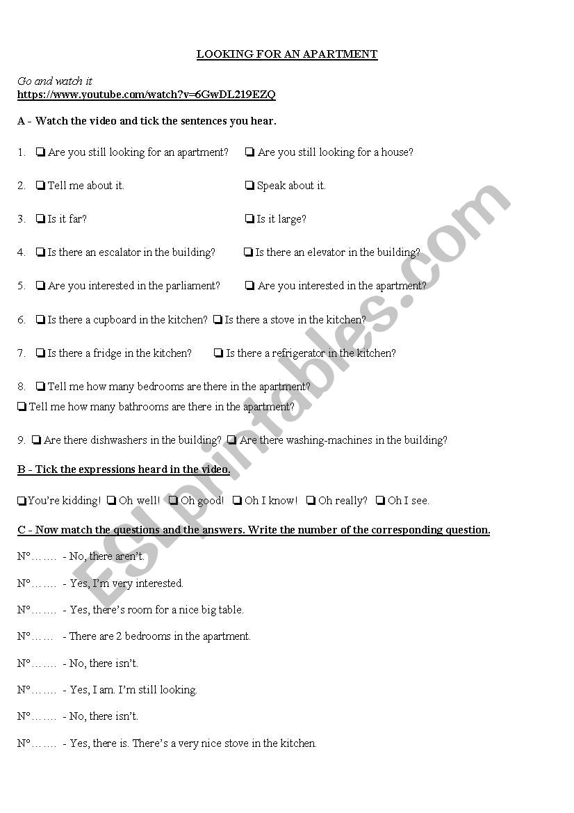 LOOKING FOR AN APARTMENT worksheet