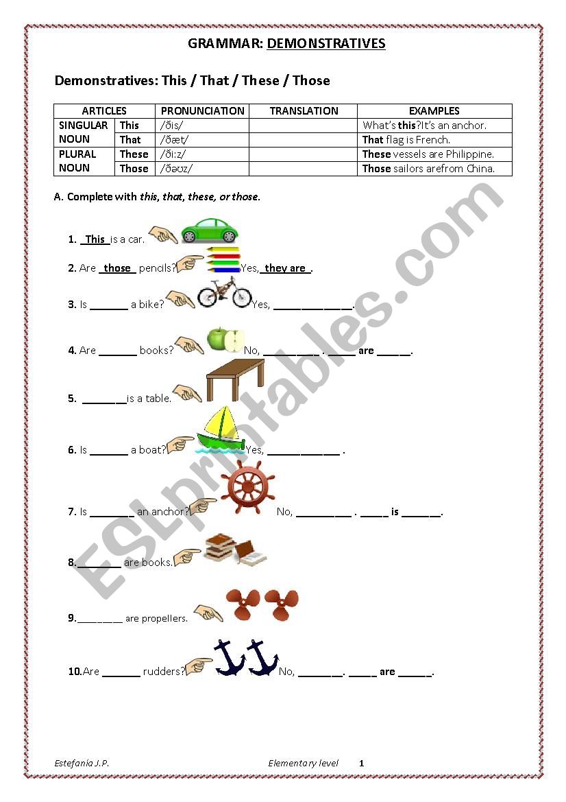 DEMONSTRATIVES worksheet