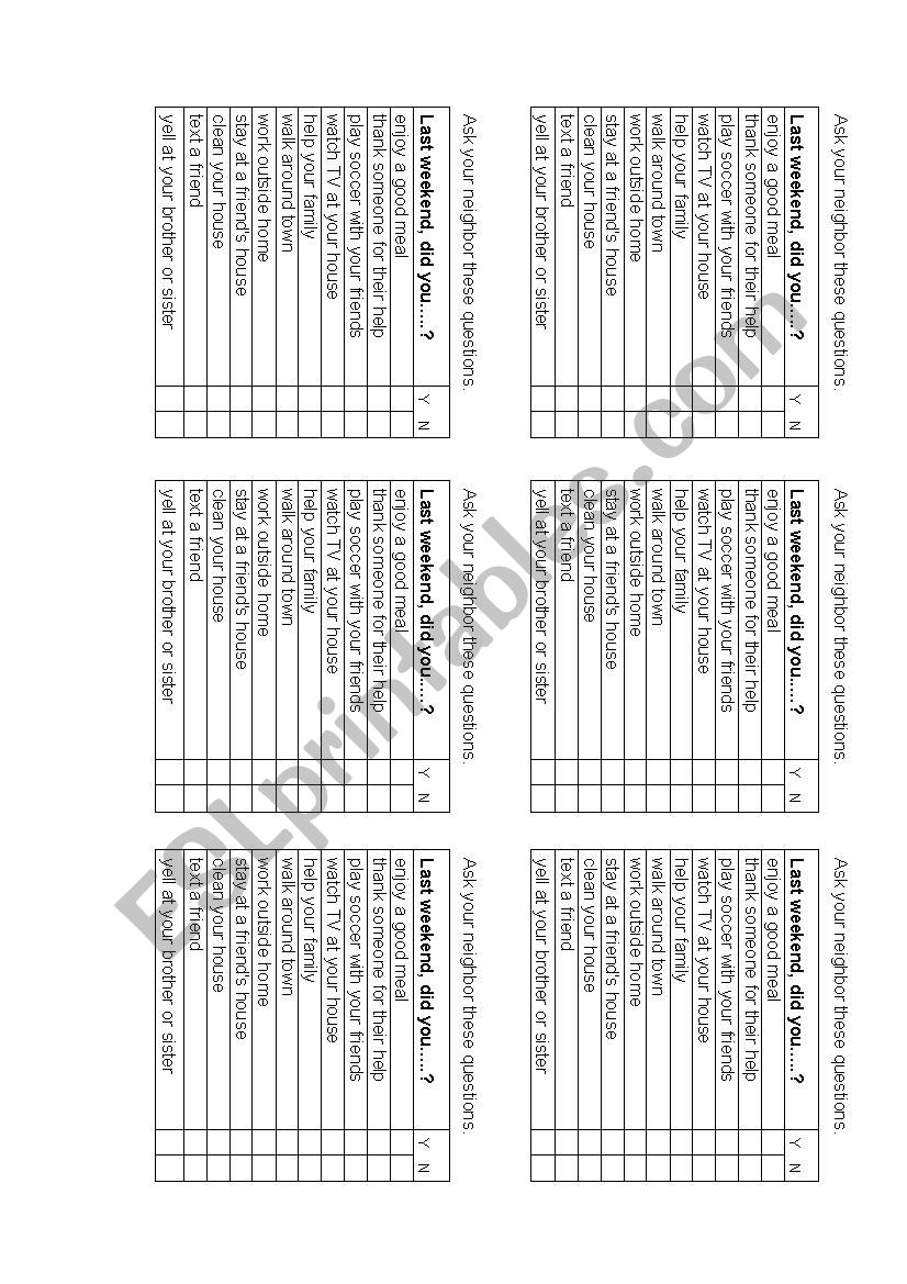 Regular Past Tense Verb Partner Questionnaire