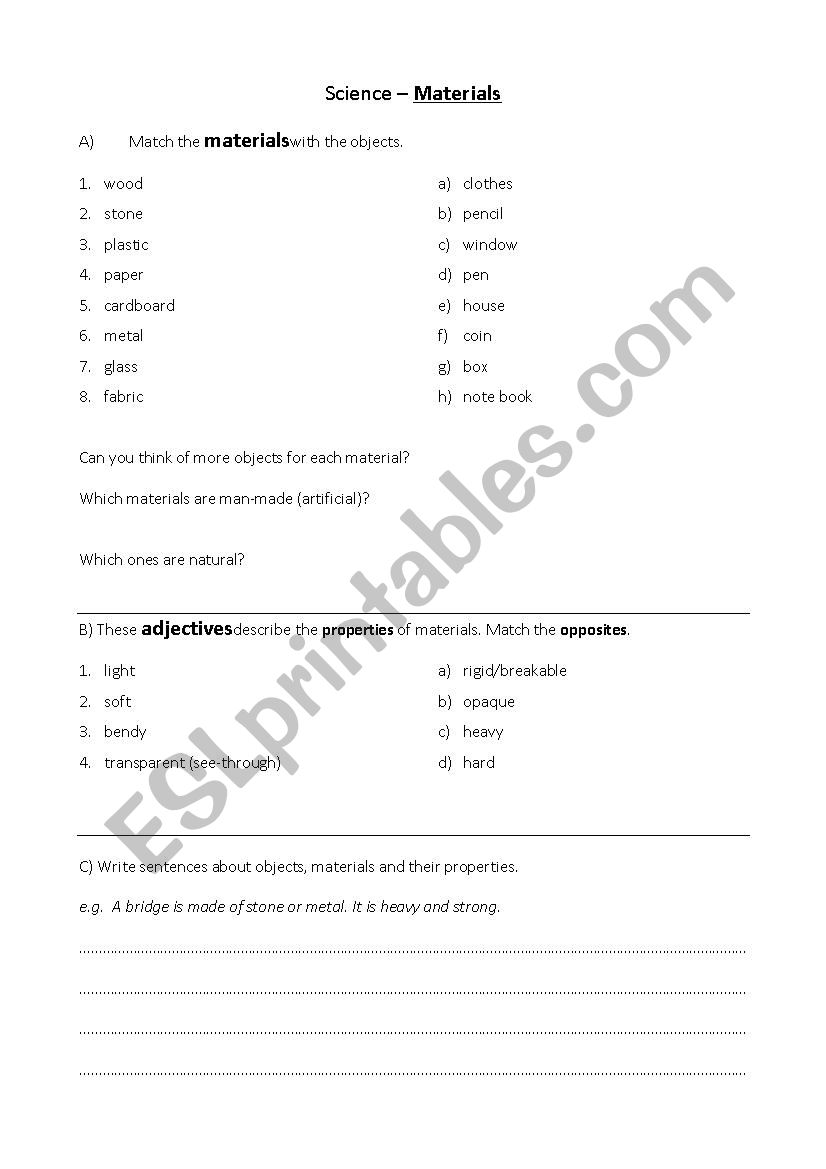 Science - materials, objects and properties