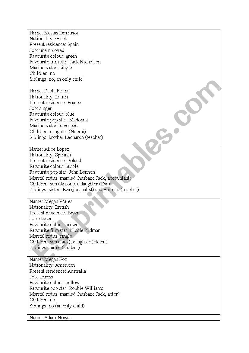 Personal data, job, family role play