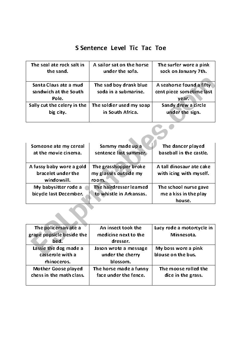 S sound Tic Tac Toe worksheet