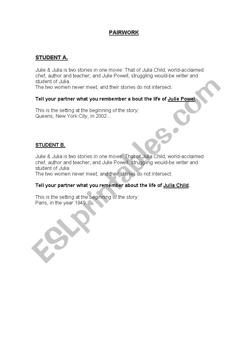 Julie and Julia pairwork worksheet