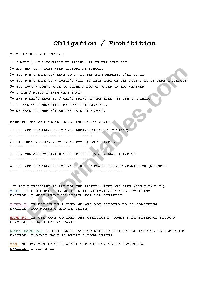 obligation and prohibition worksheet