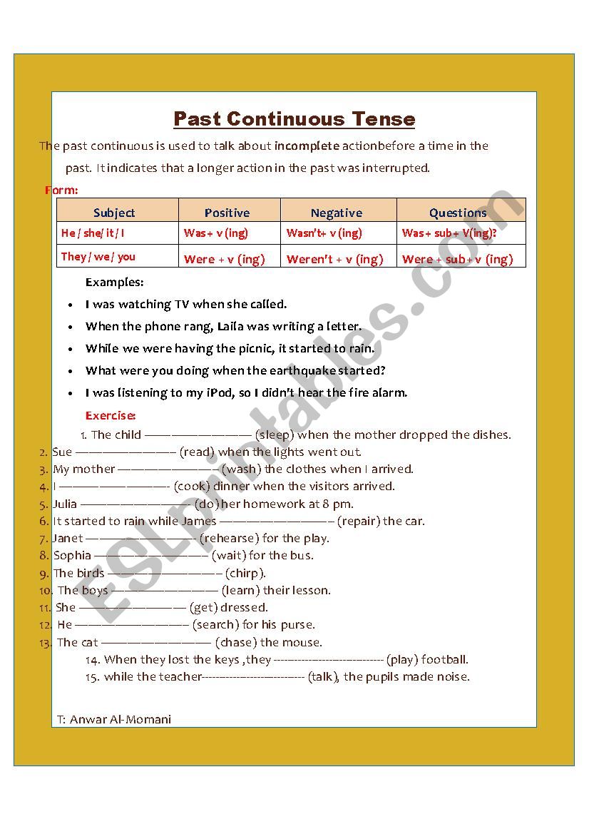 past continuous tense  worksheet