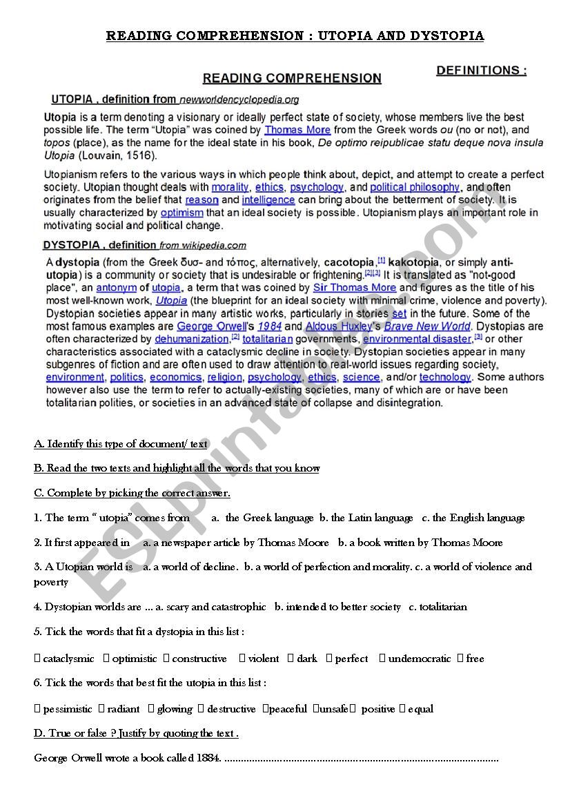 Utopia VS Dystopia worksheet