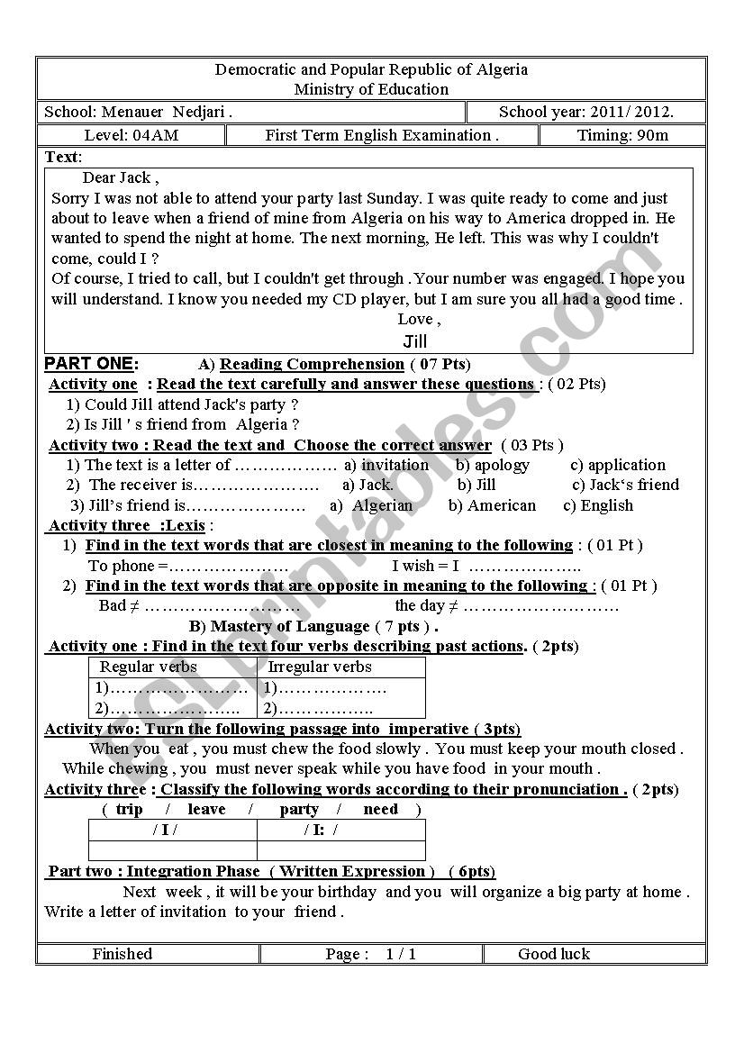 apology letter ( exam) worksheet