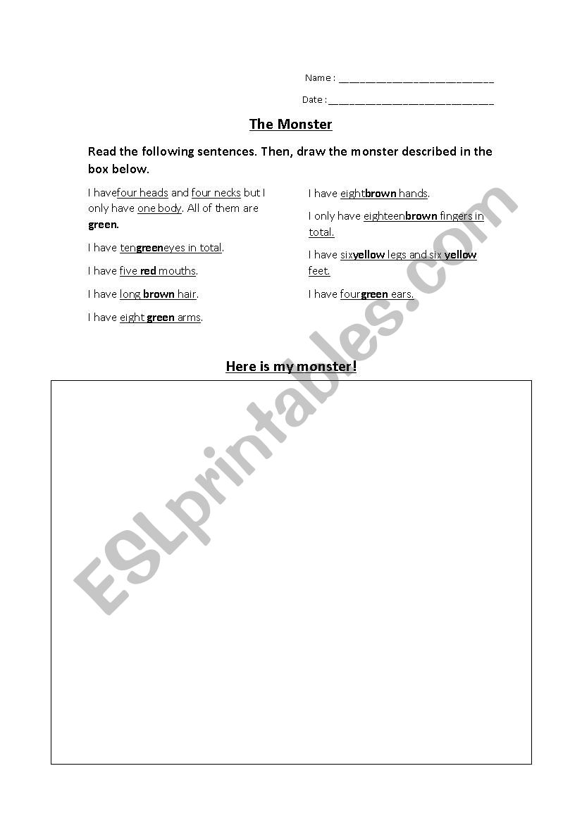 Body Parts and Colors  worksheet