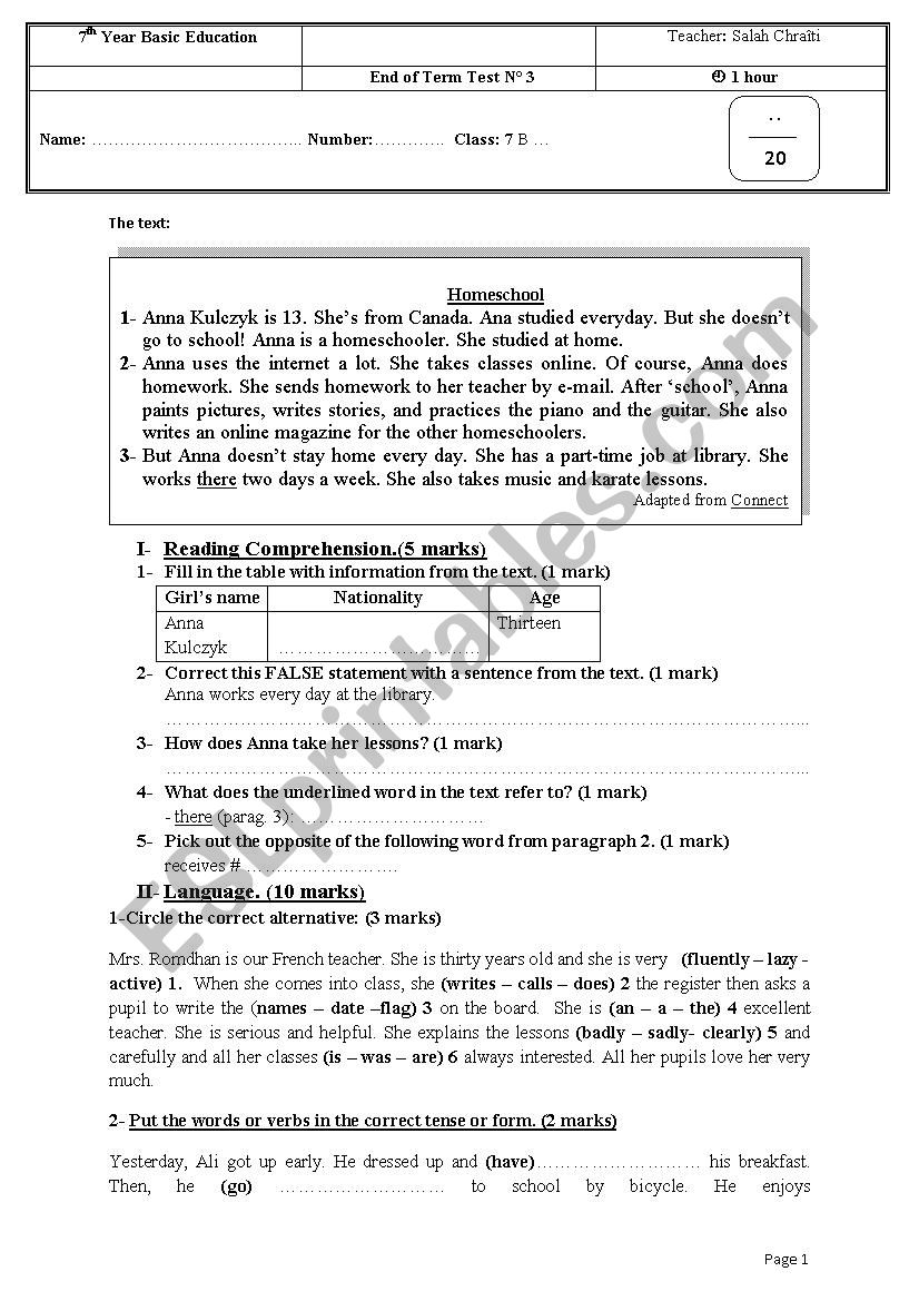 END OF TERM TEST worksheet