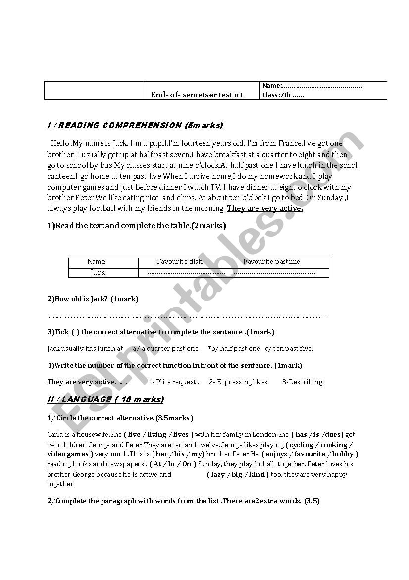 7th form exam worksheet