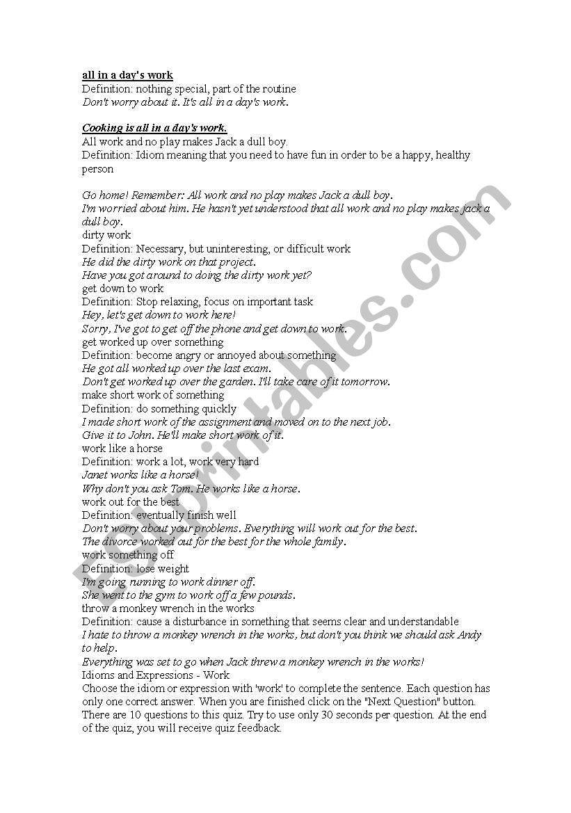 work idioms  worksheet