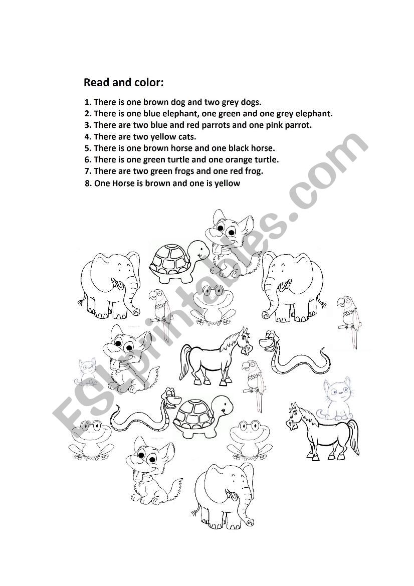 Read and color - animals worksheet