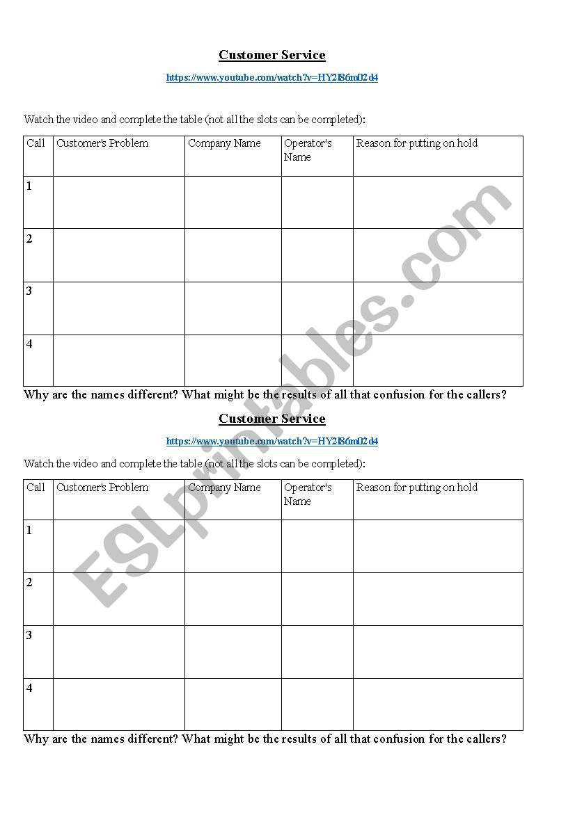 Customer Service worksheet