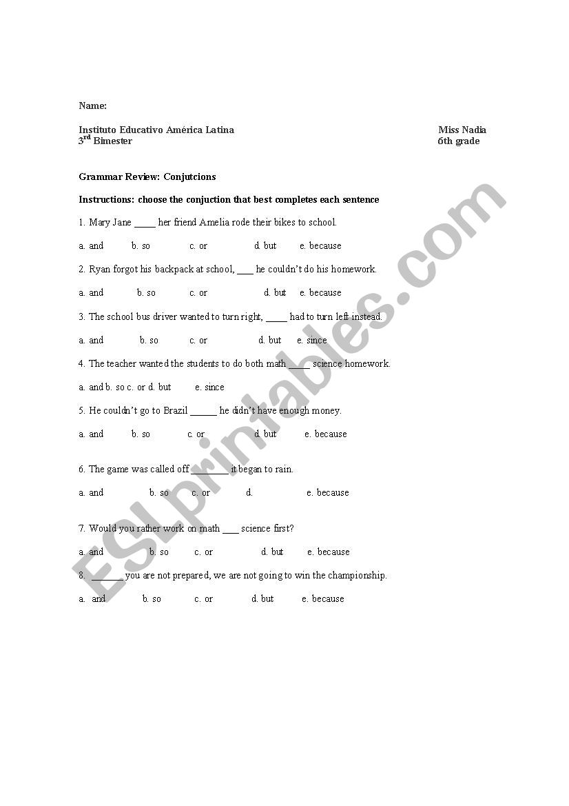Conjuctions review worksheet