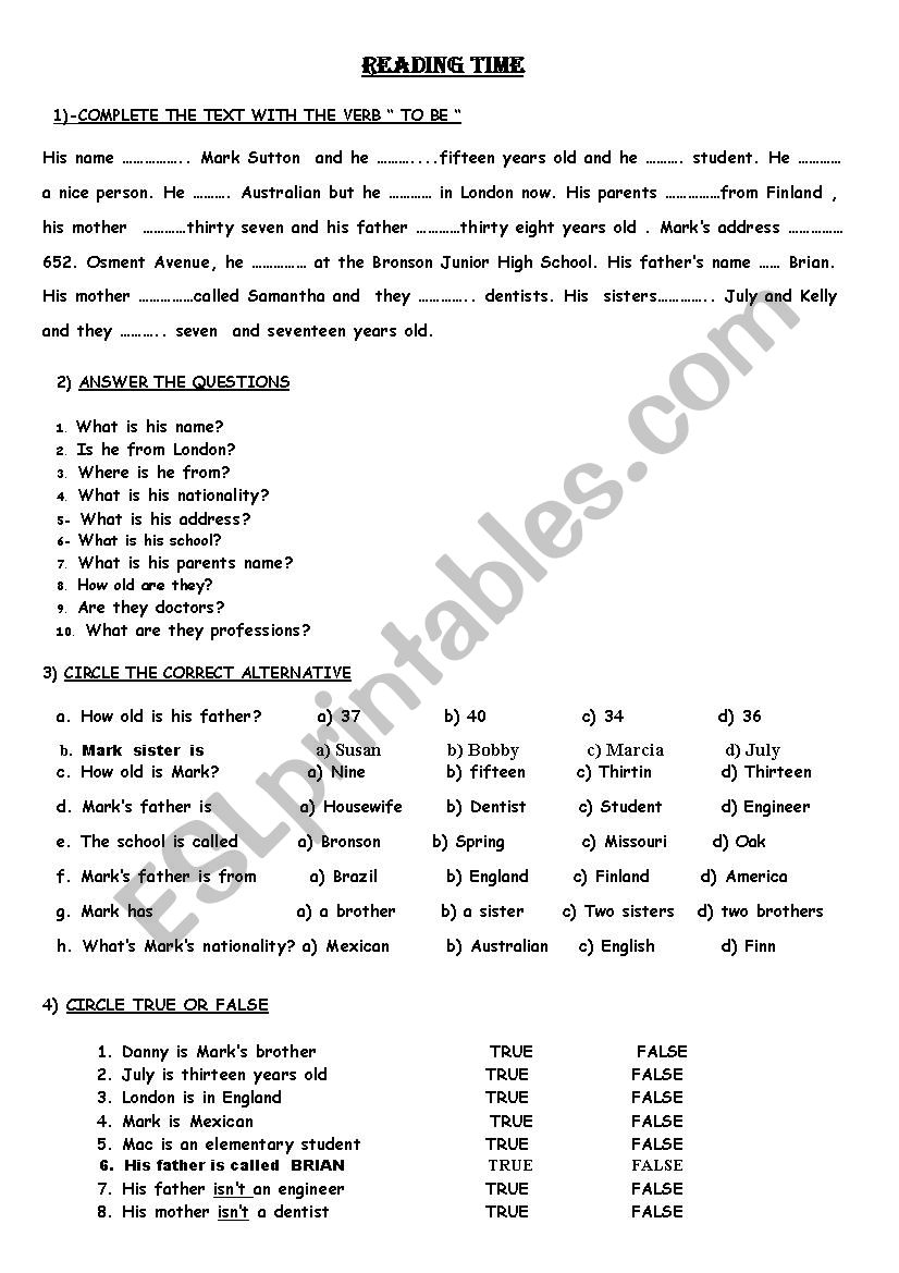 Reading Time worksheet