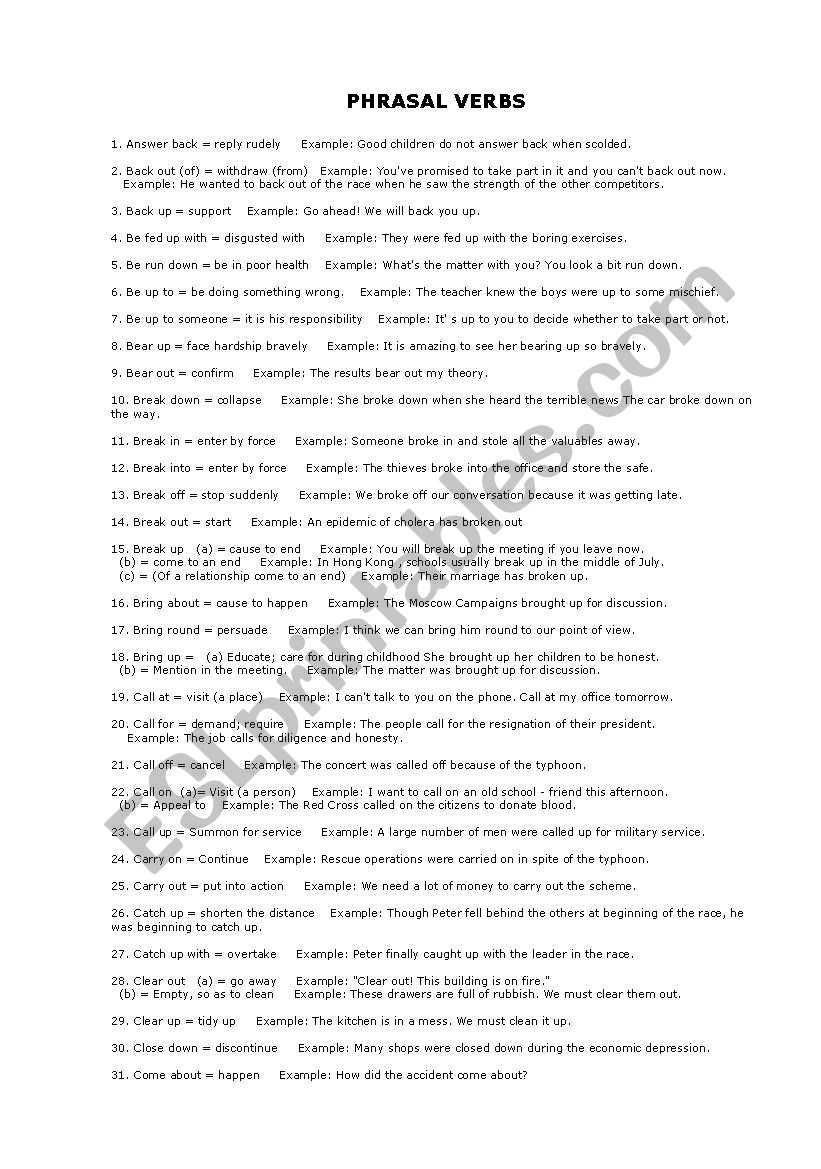 SOME COMMON PHRASAL VERBS worksheet