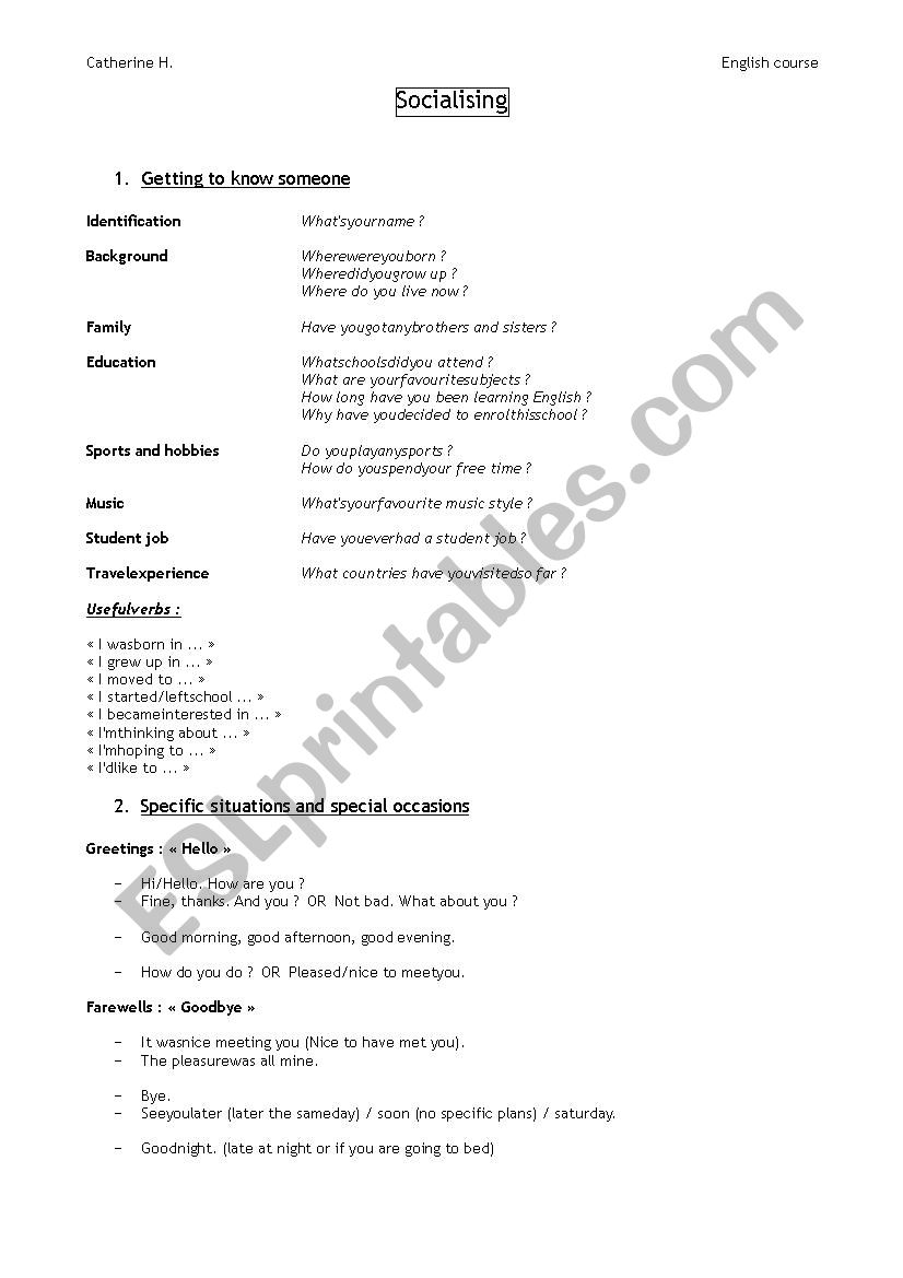 Socialising  worksheet