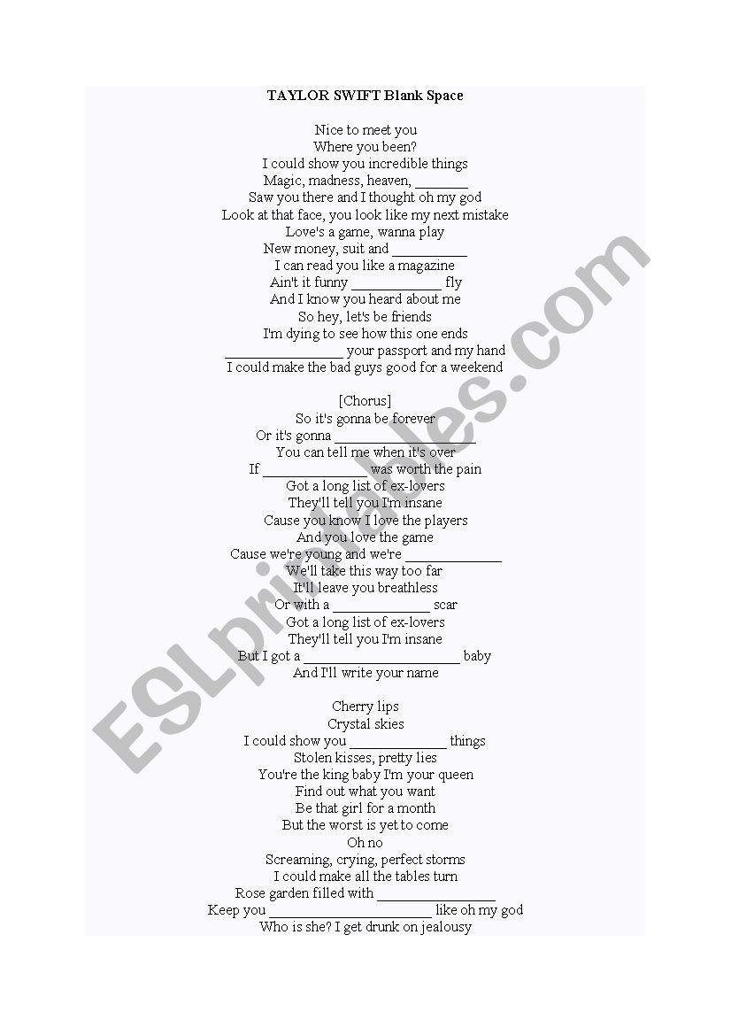 Taylor Swift Blank Space worksheet