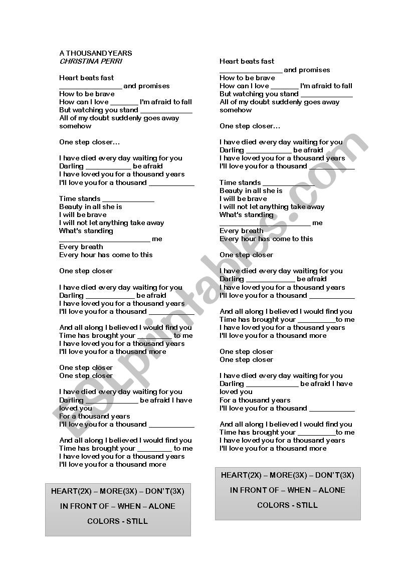 Song - A thousand years worksheet