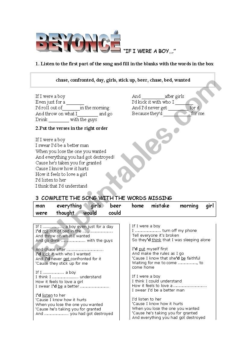 SONG IF I WERE A BOY worksheet