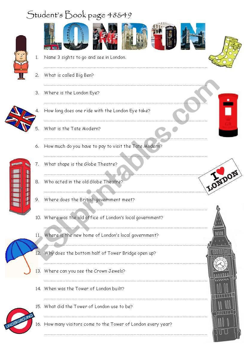 London sights, questions worksheet