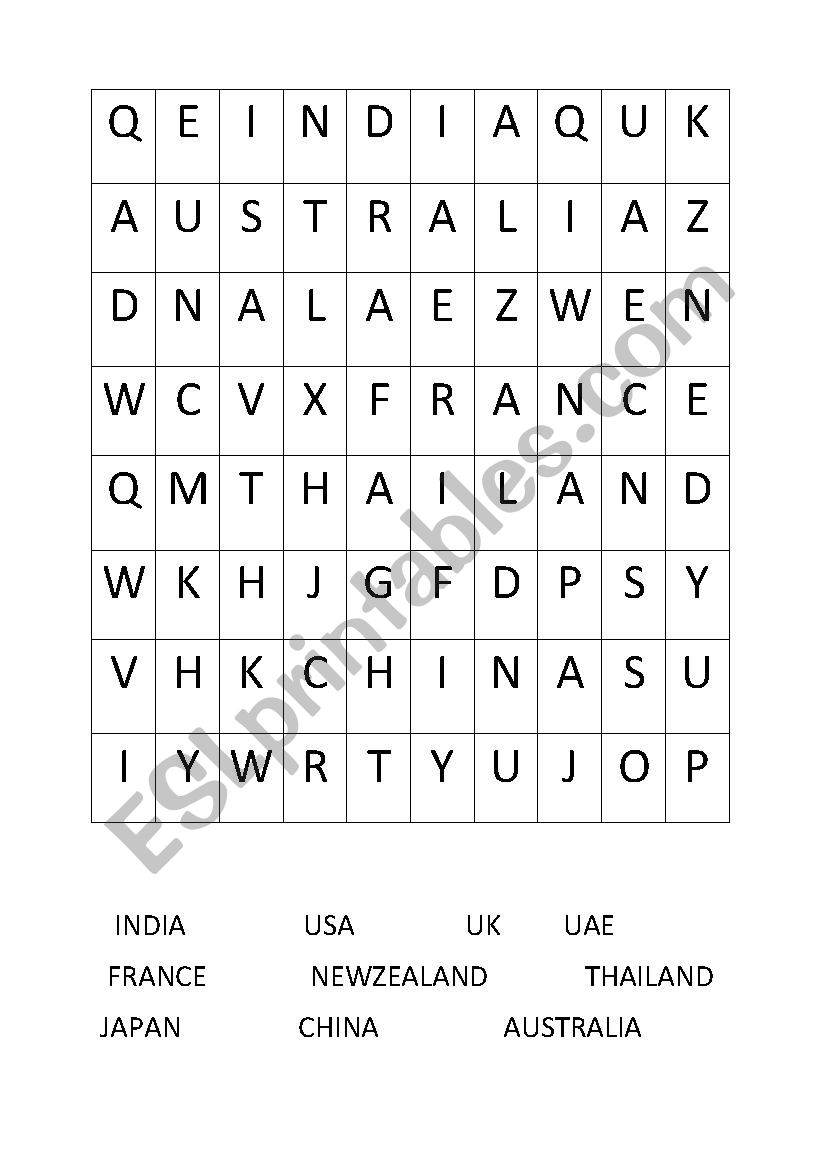 country names wordsearch worksheet