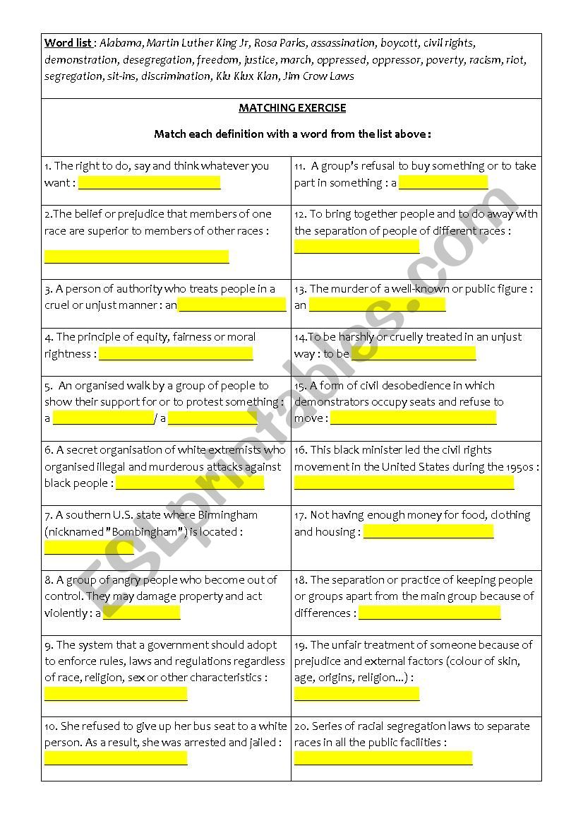 Definitions on segregation worksheet