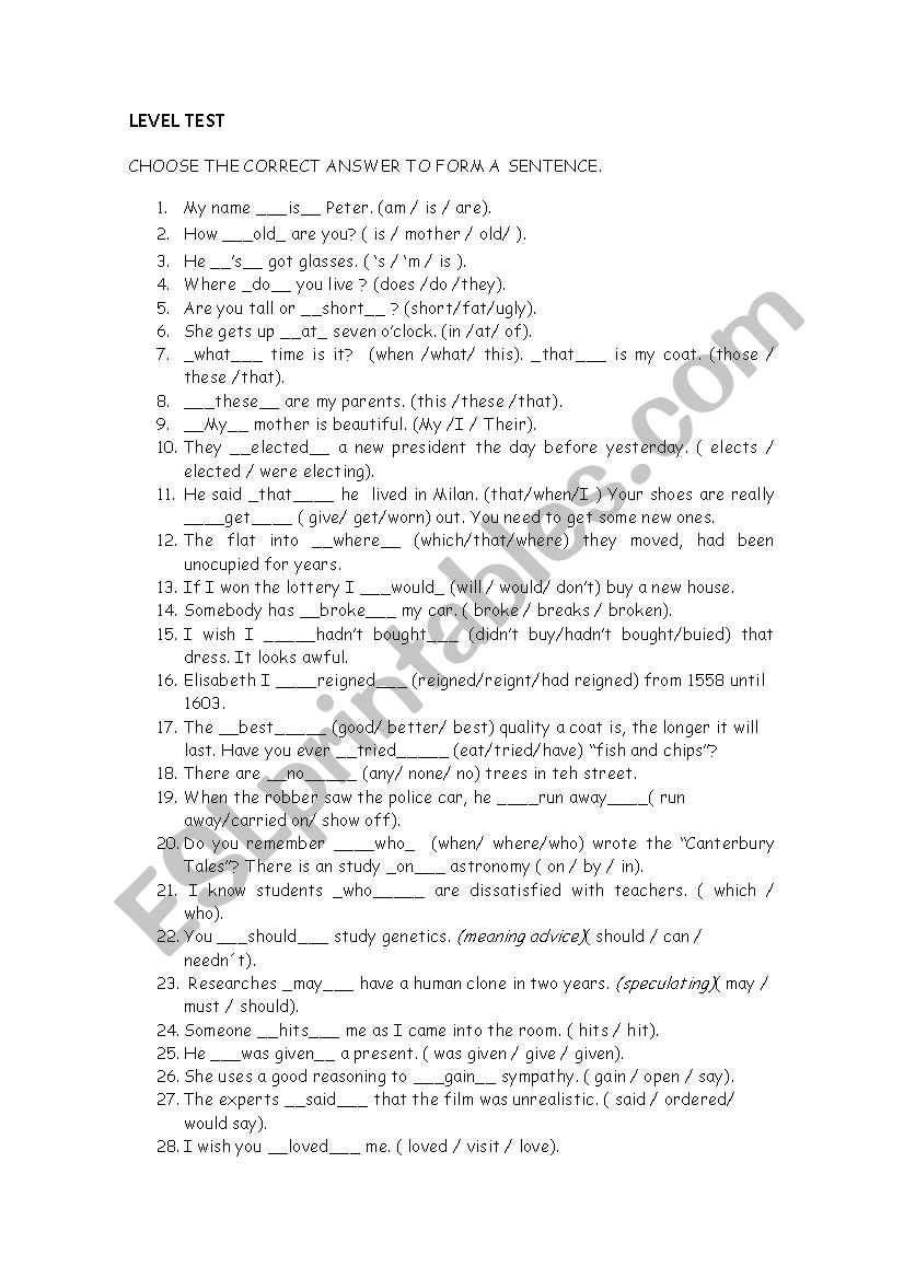 CHOOSE THE BEST OPTION worksheet