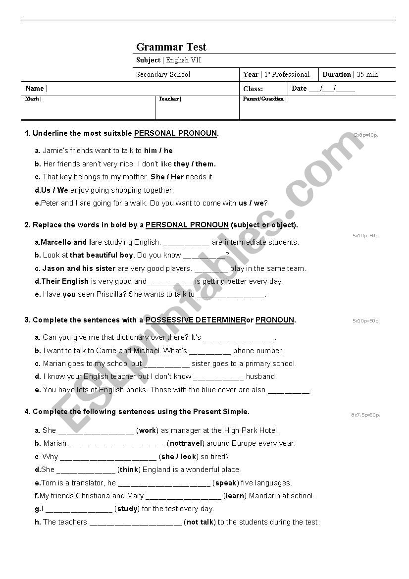 Grammar Test worksheet