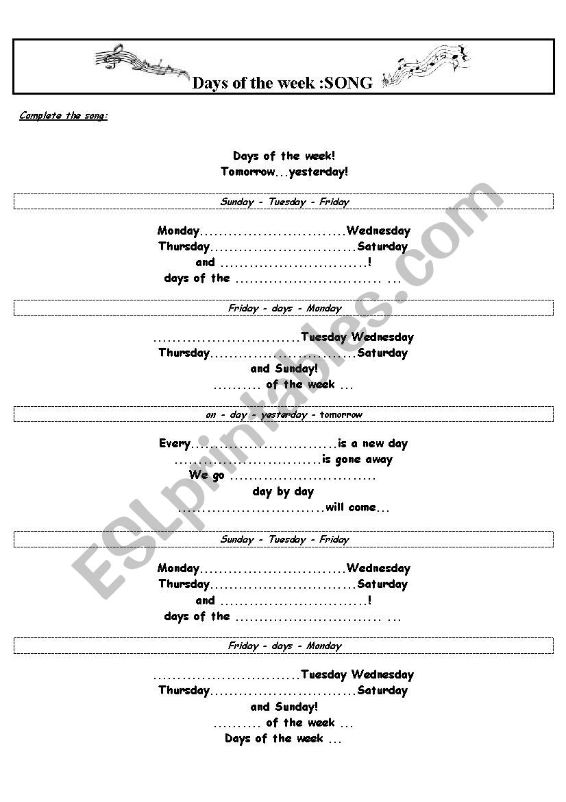 Days of the week-song worksheet