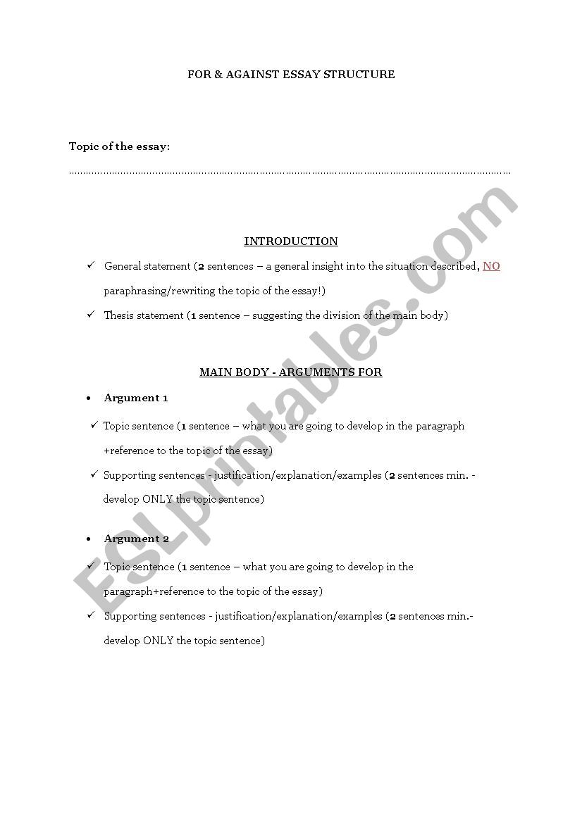 For & Against Essay Structure worksheet