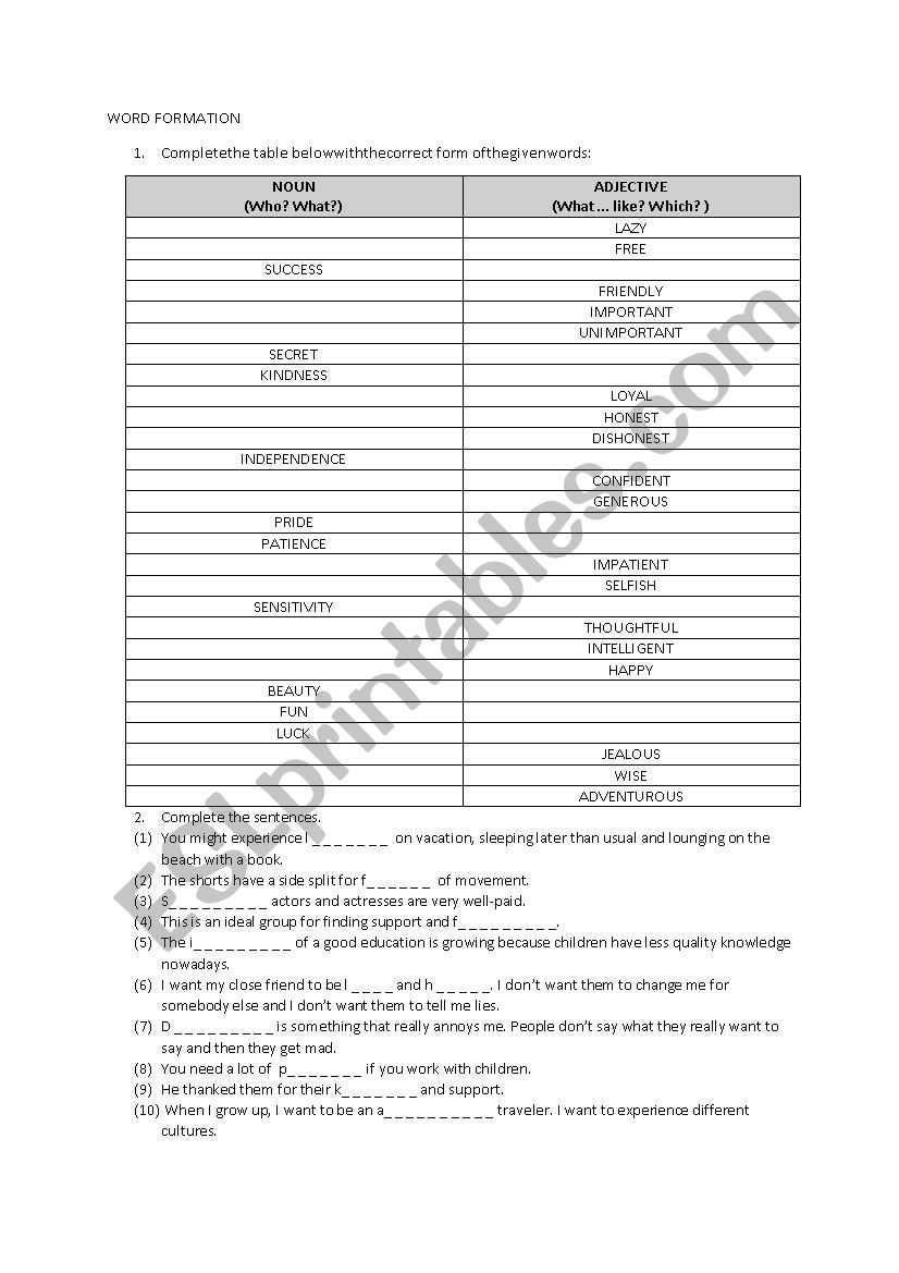 word formation (adjectives, nouns) 