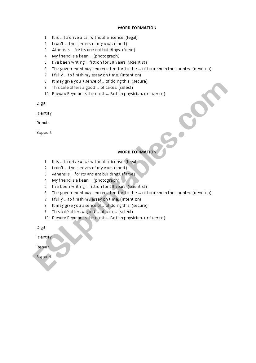 word formation worksheet