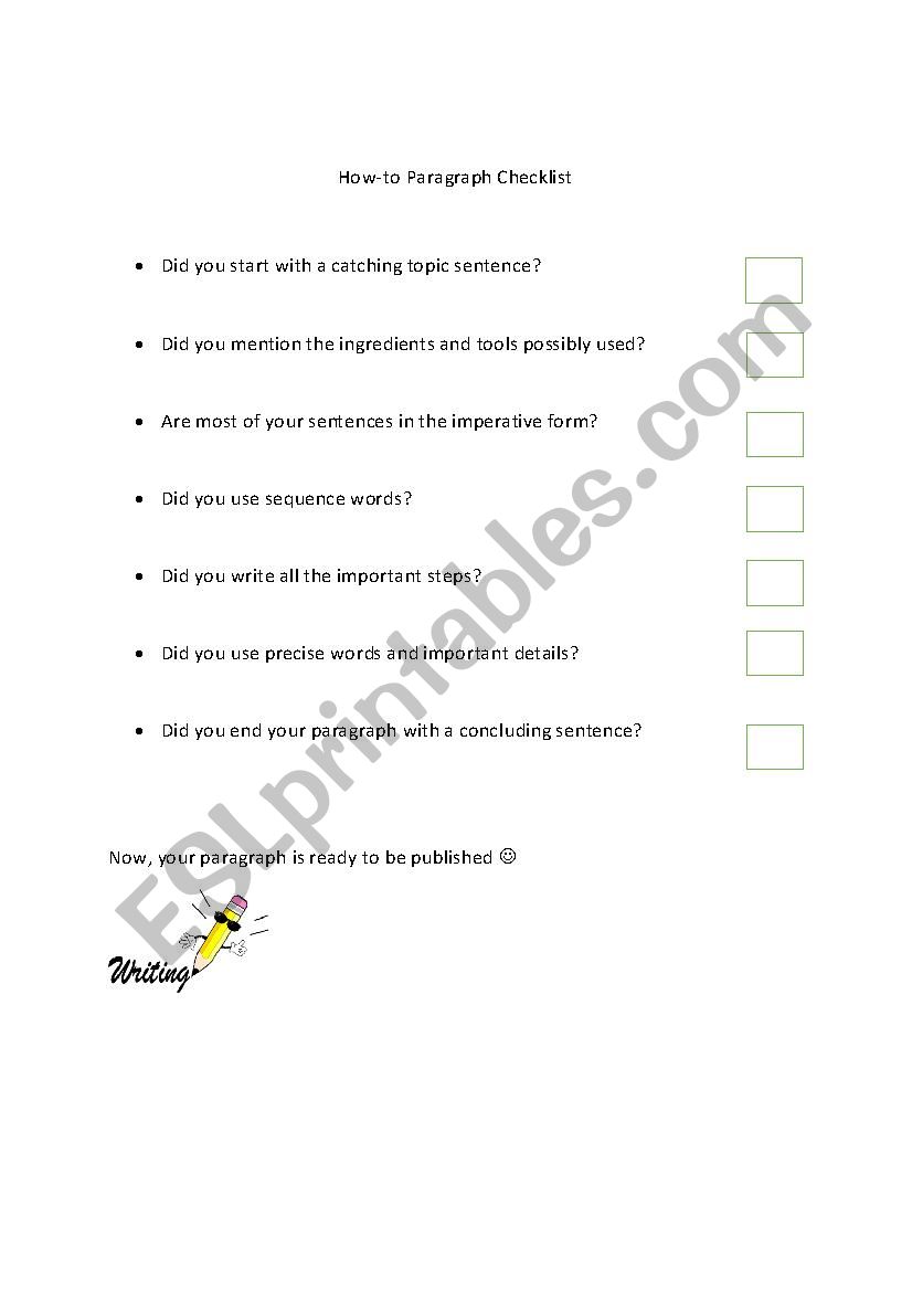 How-to-Paragraph Checklist worksheet