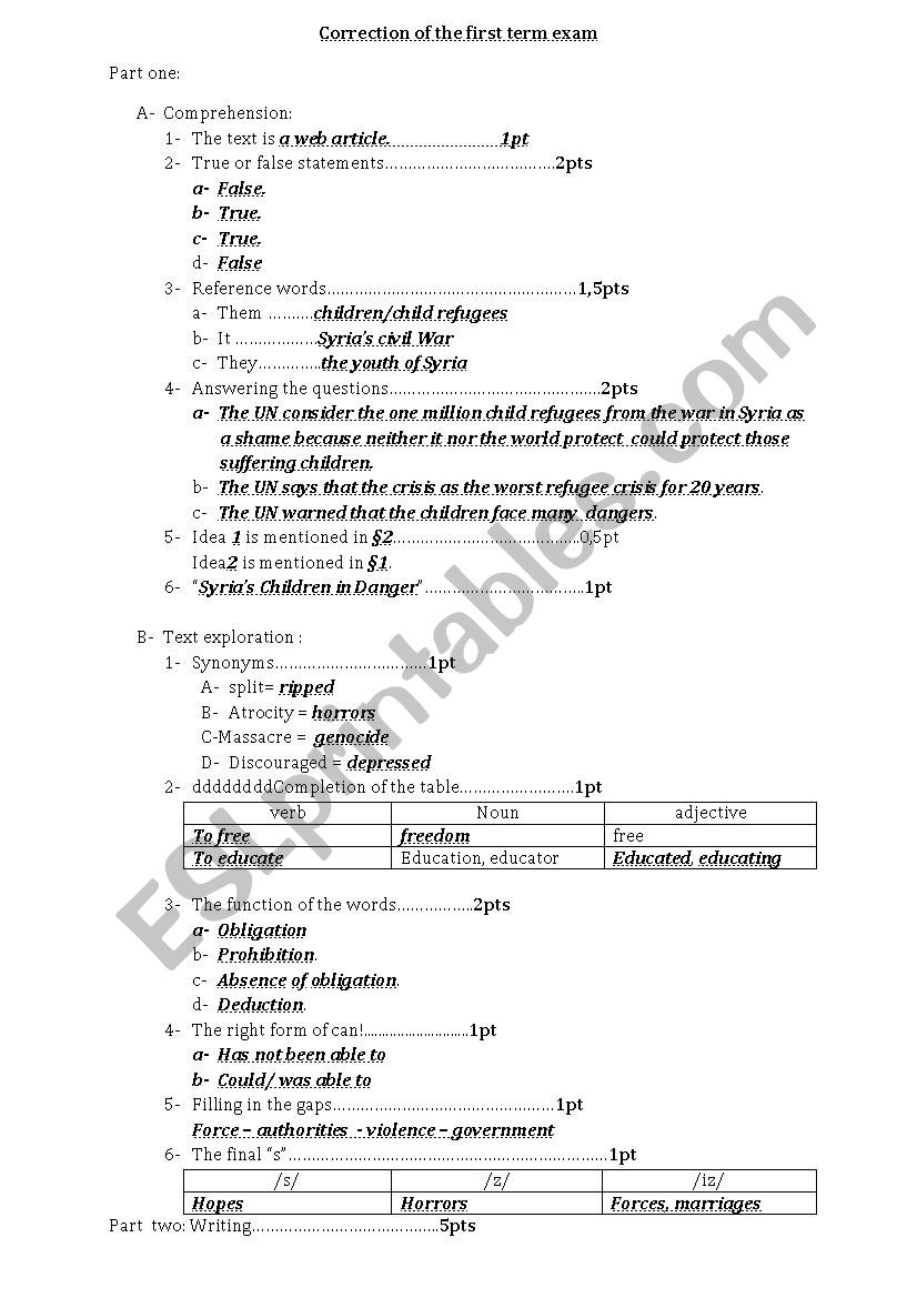 Test -second year- worksheet