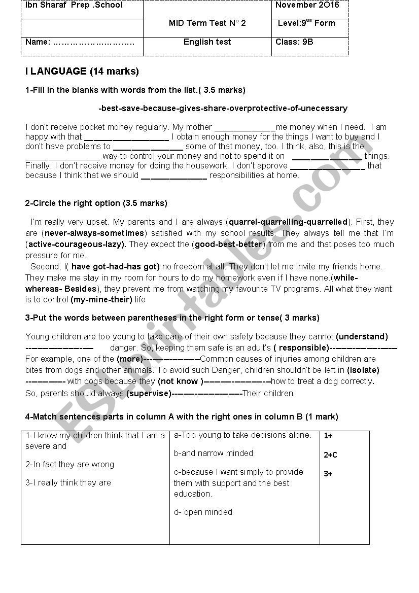 9th form test worksheet