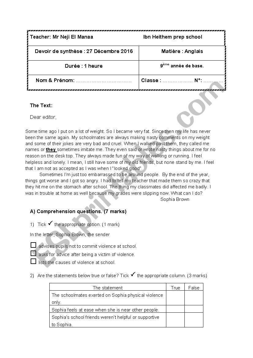 9th form test worksheet